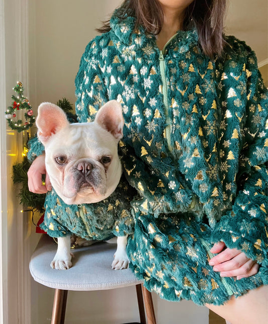 Christmas Fluffy Holidays Green and Gold Owner Cardigan and Pet Matching Set