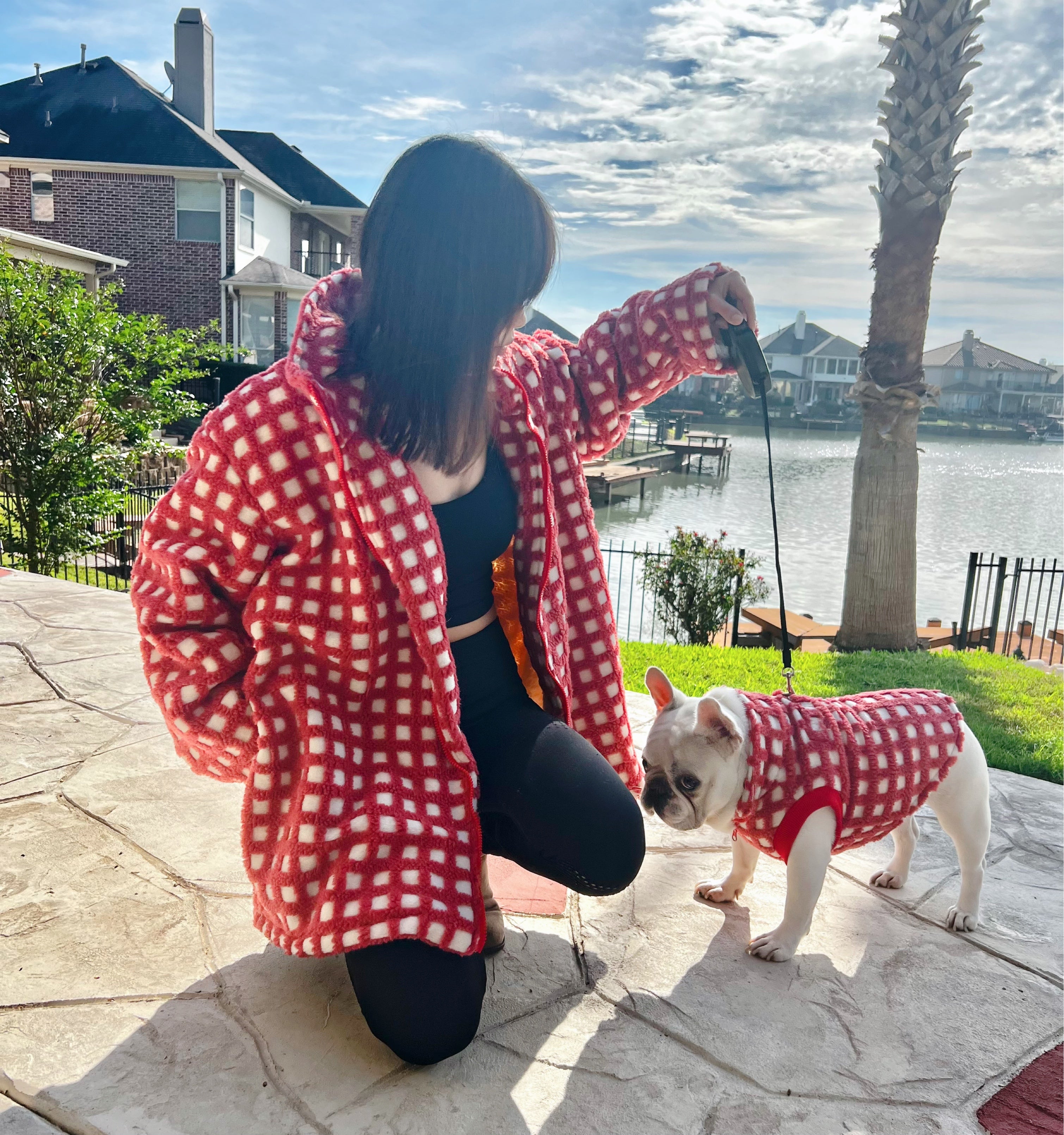 Candy Cane Checkered Owner Cardigan and Pet Matching Set fit frenchie