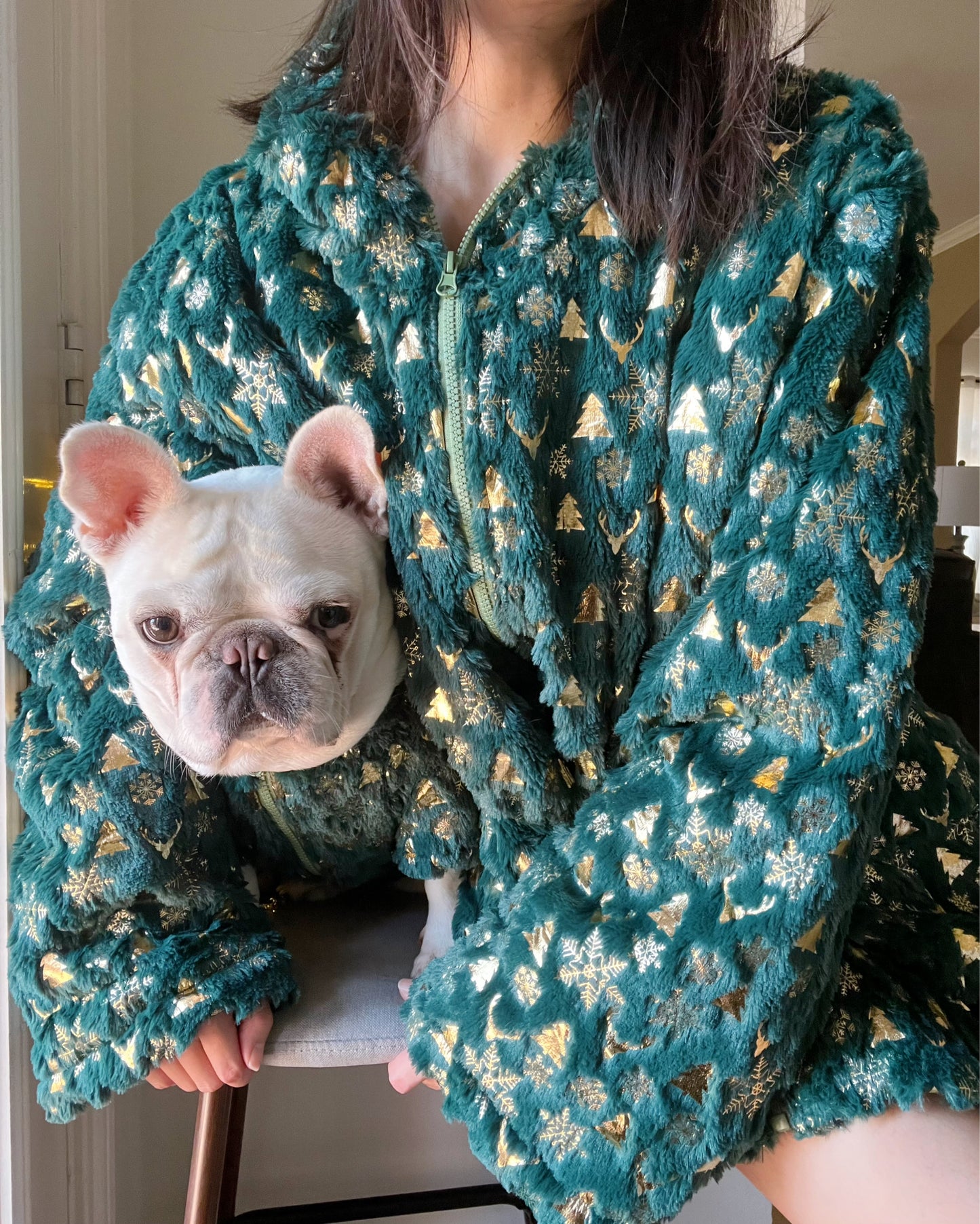 Christmas Fluffy Holidays Green and Gold Owner Cardigan and Pet Matching Set