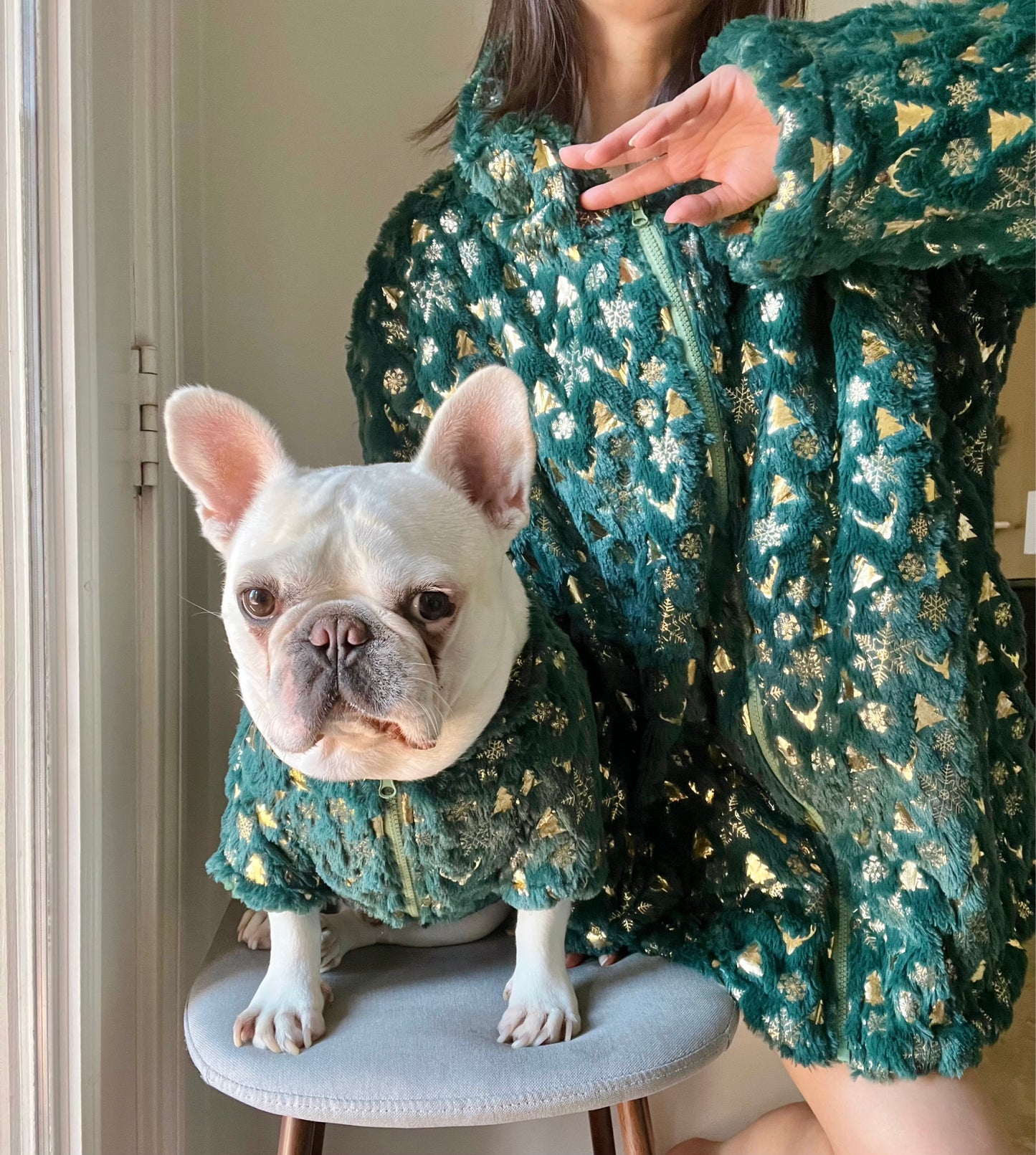 Christmas Fluffy Holidays Green and Gold Owner Cardigan and Pet Matching Set