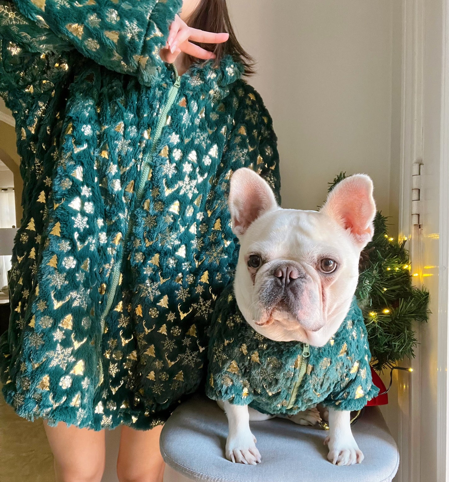 Christmas Fluffy Holidays Green and Gold Owner Cardigan and Pet Matching Set