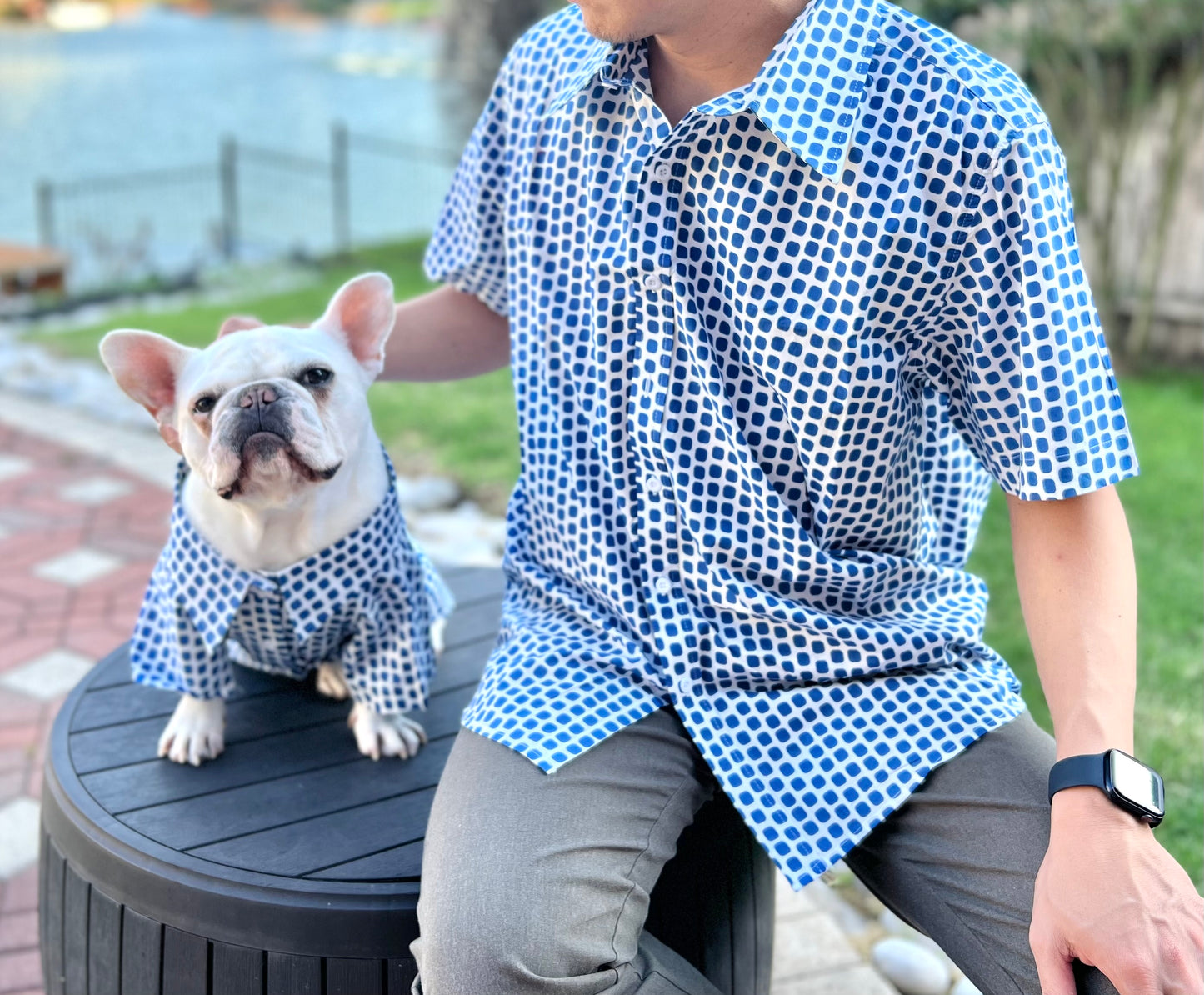 Blue Dot Print Owner and Pet Matching Button Shirt / Bandana