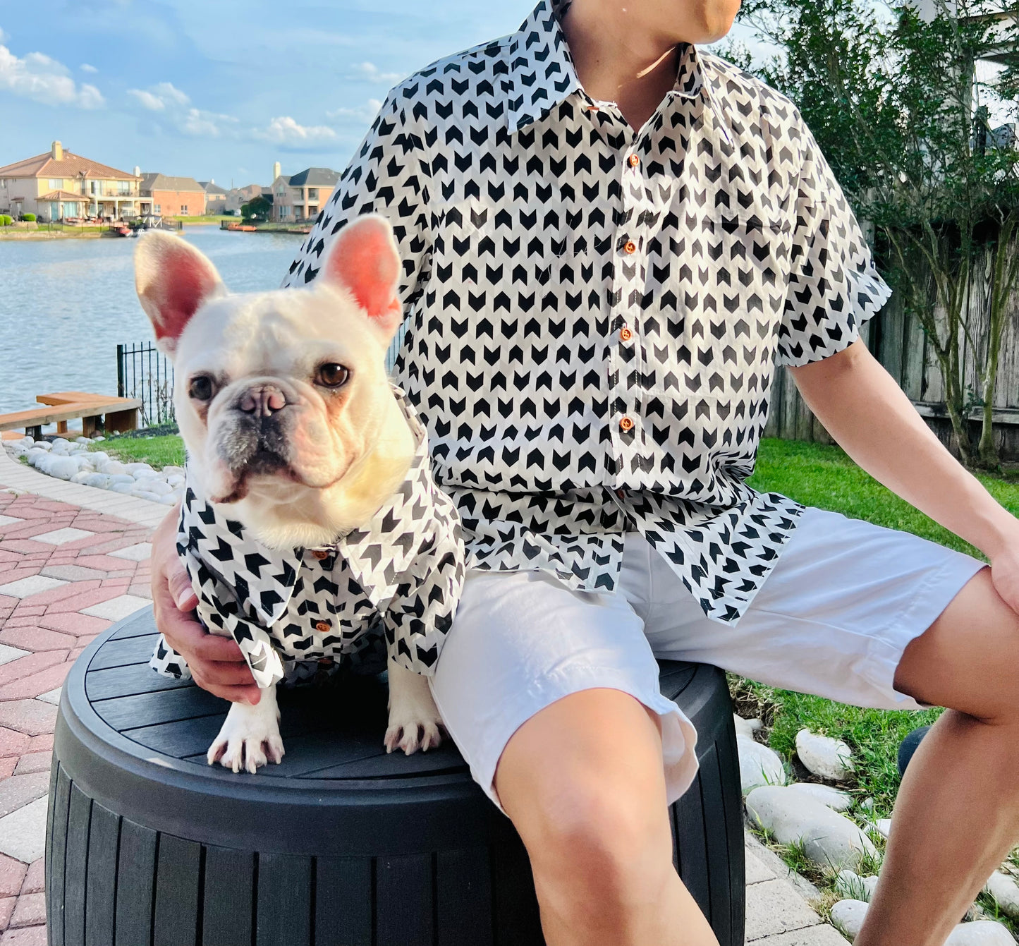 Monochrome Pattern Owner and Pet Matching Button Shirt / Bandana