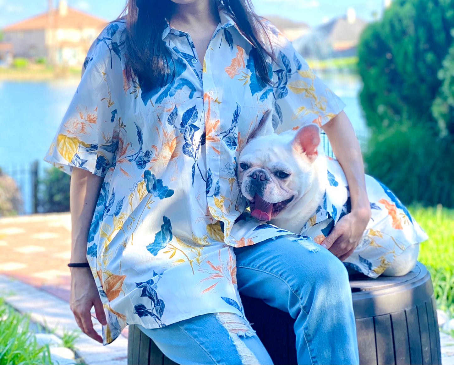 White Flora Owner and Pet Matching Button Shirt / Bandana