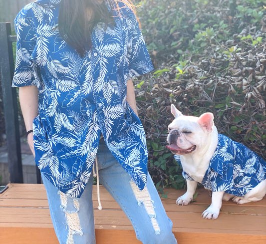 Blue Flora Owner and Pet Matching Button Shirt / Bandana