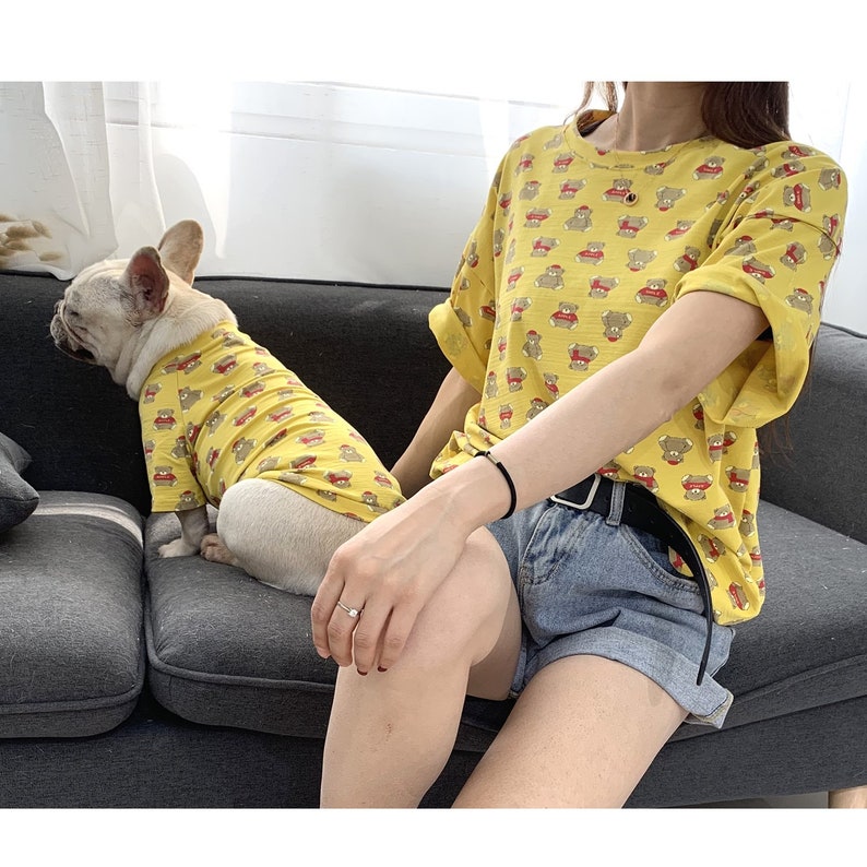 Matching Pet Owner Set Pets Cat Dog Parent, Lightweight Yellow Teddy Bear Print Clothing Tee Tshirt, Dog Cat Parents Matching shirts outfits
