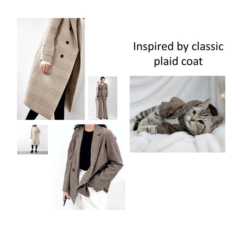 Tweed Plaid Trench Coat Faux Fur Hoodie