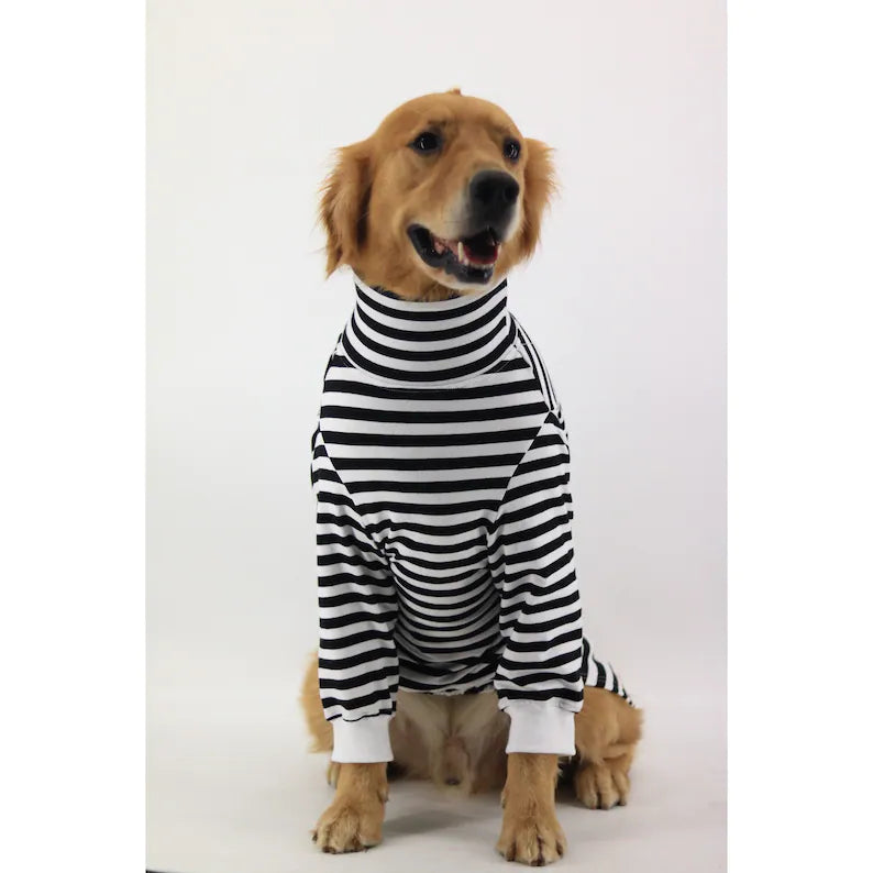 Basic White Black Stripes Bog Dog Turtle Neck Long Sleeve Shirt