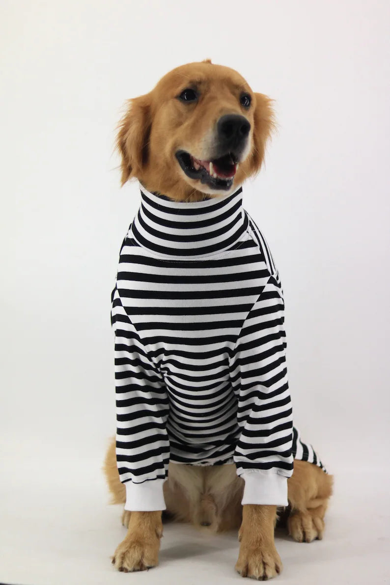 Basic White Black Stripes Bog Dog Turtle Neck Long Sleeve Shirt