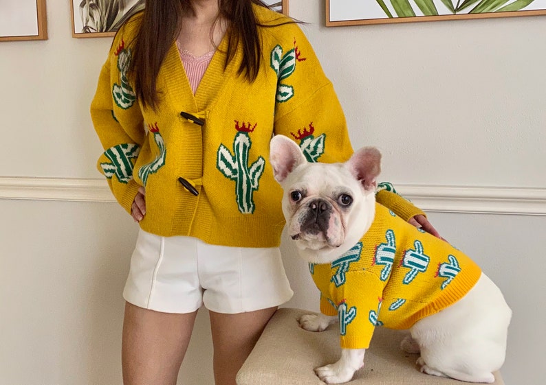 Cactus Print Owner Cardigan and Pet Sweater Matching Set